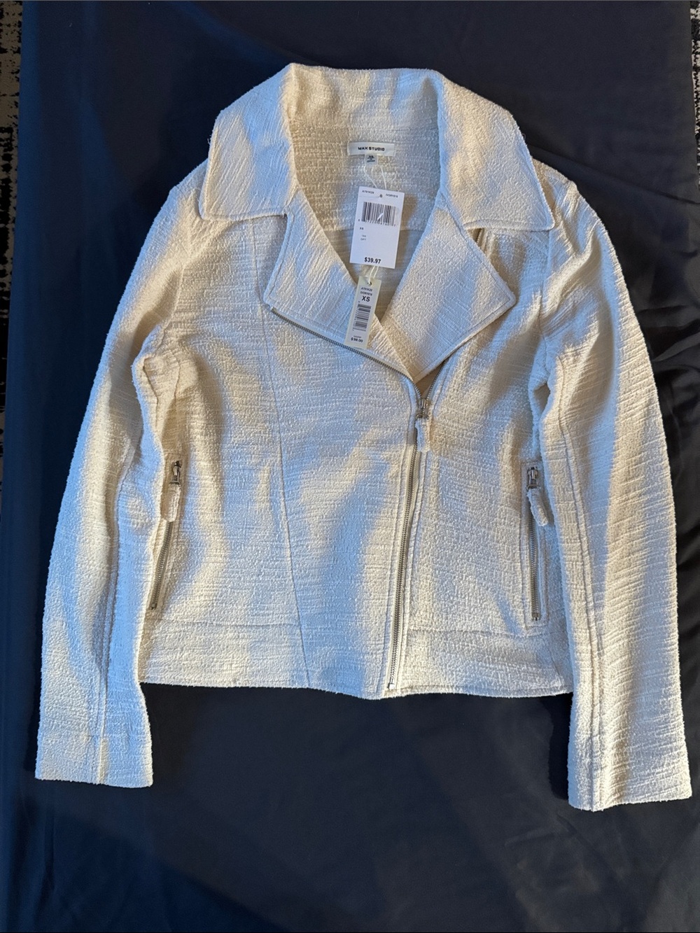 Max Studio Cream Textured Asymmetrical Zip Jacket